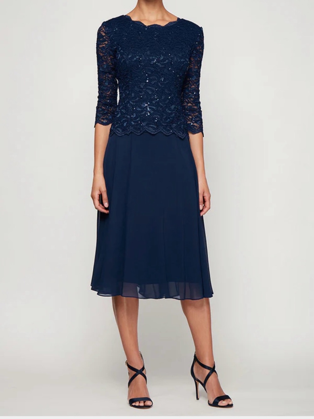 Alex Evenings Navy Lace Bodice Chiffon Midi Dress